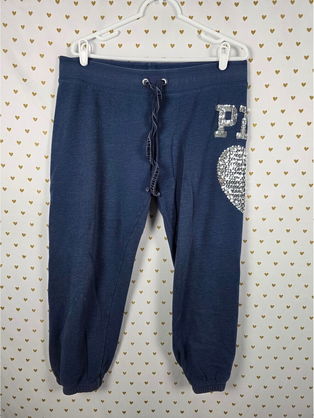 Victorias Secret PINK BLING vintage Sequin Heart Blue Joggers Sweats sweatpants